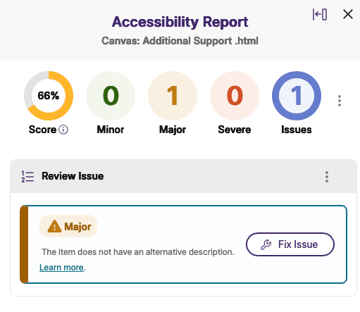 Accessibility Report in YuJa Panorama Showing one Issue and how to fix