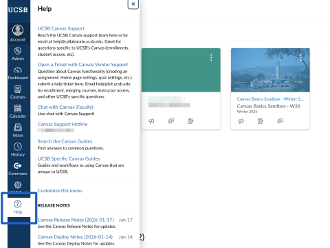 Canvas Help menu with support option for submitting a ticket, chat, and phone support.